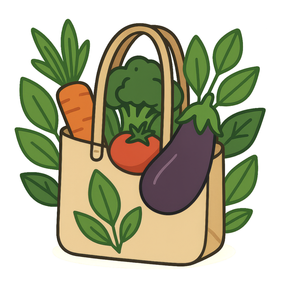 Eco-Friendly Simple Shopping Bag with Fresh Vegetables and Leaves png