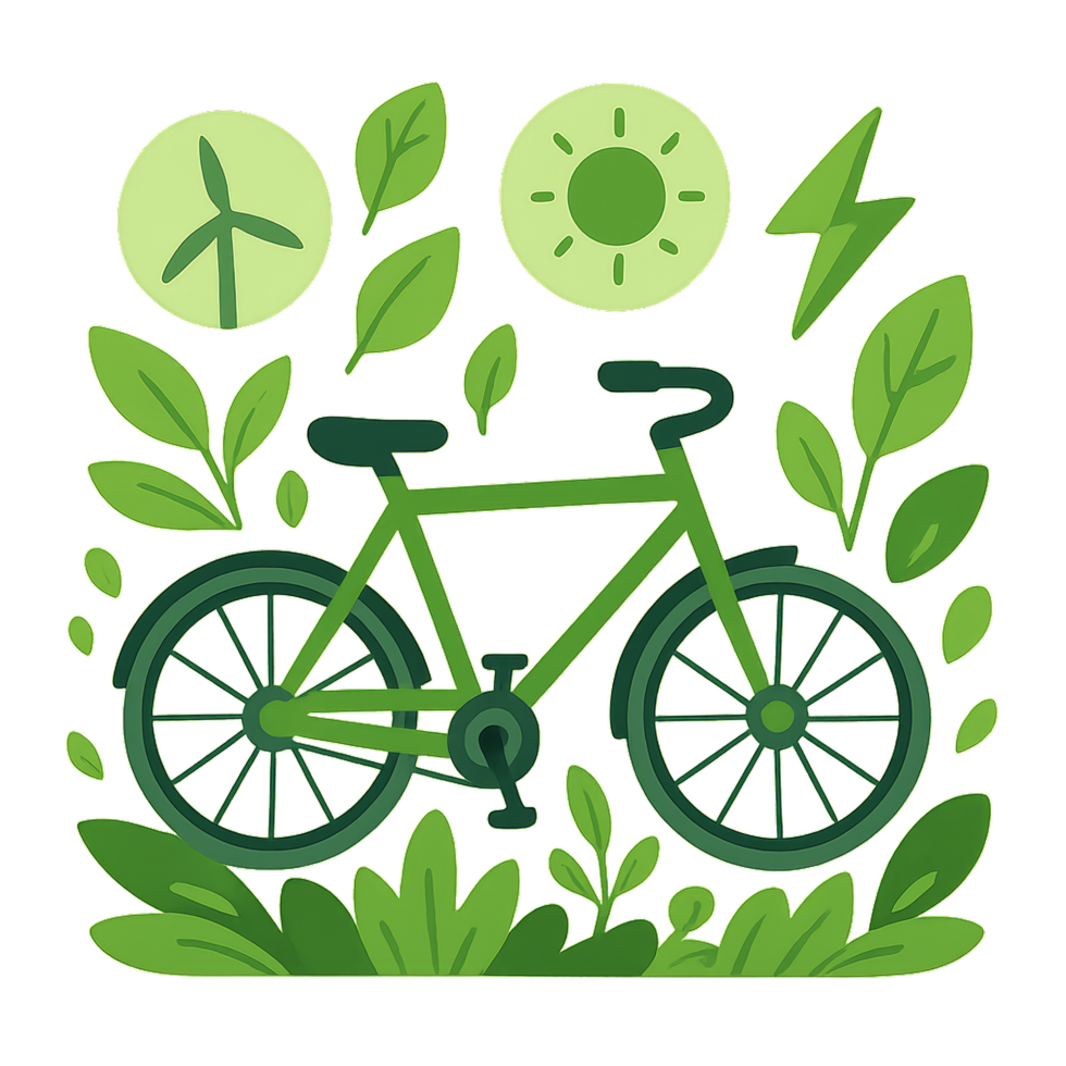 Eco-Friendly Bicycle Surrounded by Nature and Renewable Energy Symbols png