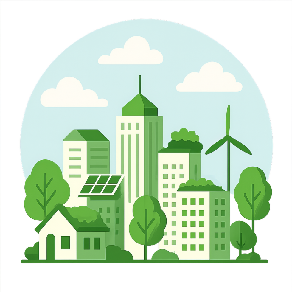 Eco-Friendly Cityscape with Green Elements and Simple Design png