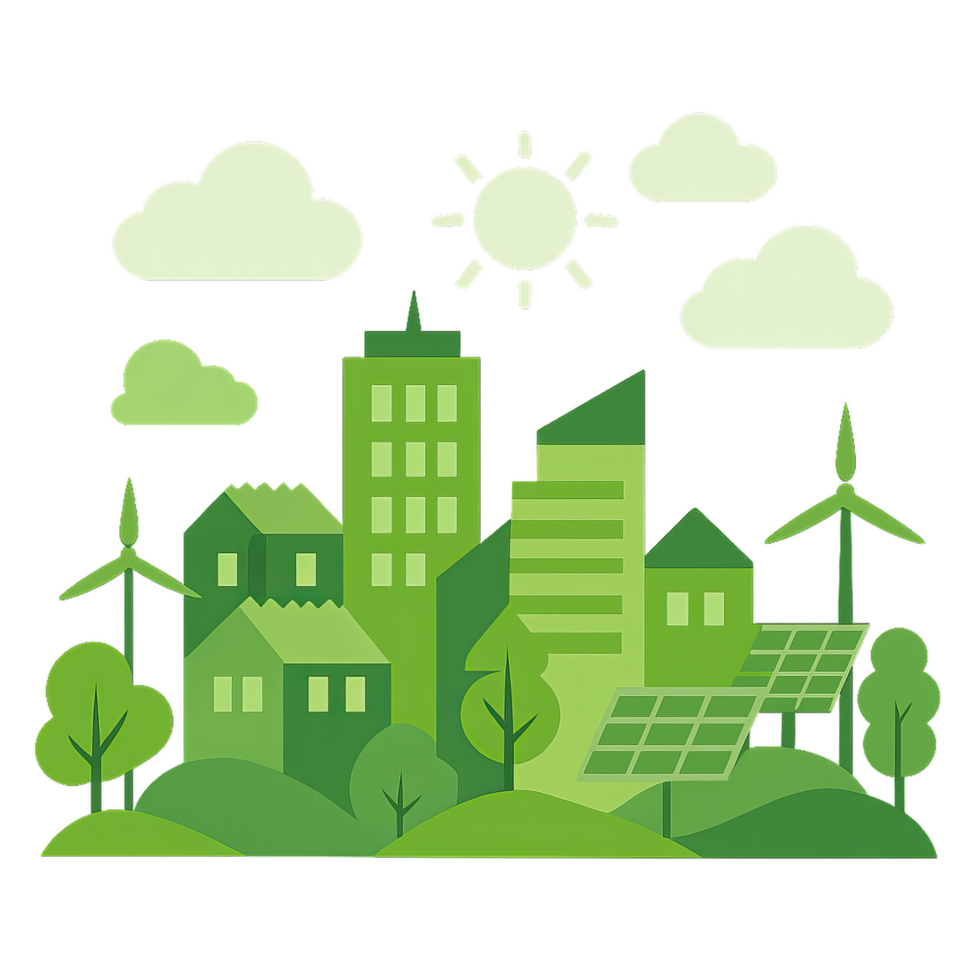 Eco-Friendly Cityscape Illustration with Renewable Energy Elements png