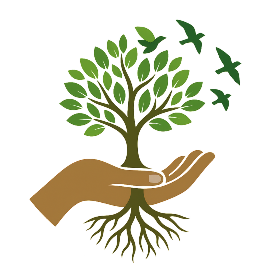 Simple Tree of Life Illustration with Hand and Birds in Green Design png