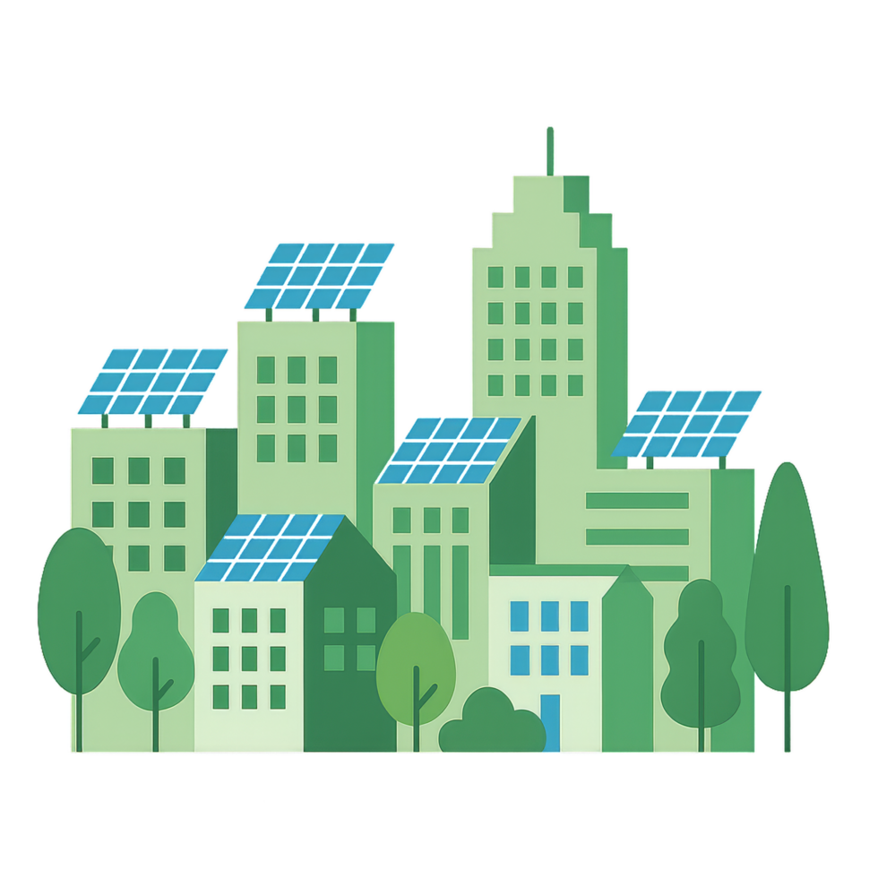 Sustainable City Illustration with Green Buildings and Solar Panels png