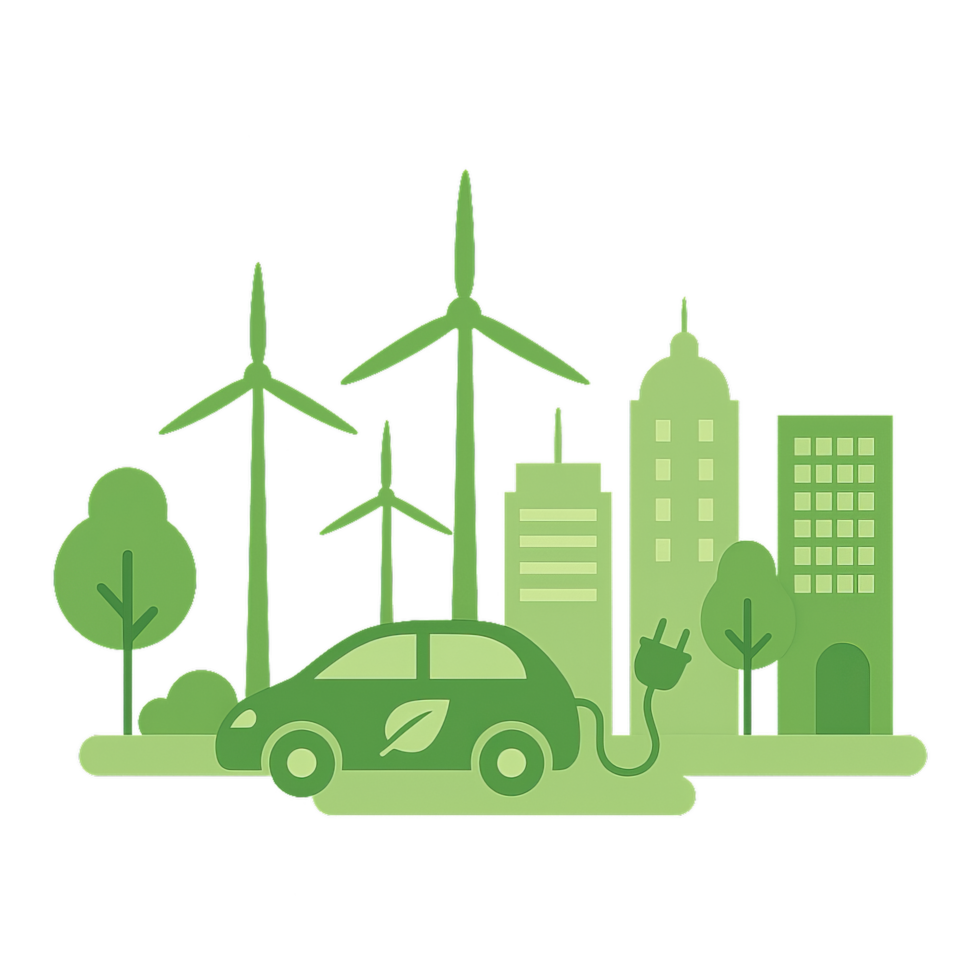 Eco-Friendly Cityscape Illustration with Green Energy Elements png