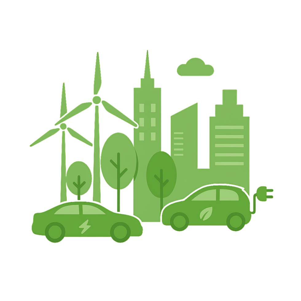 Eco-Friendly Cityscape Illustration with Sustainable Energy Elements png