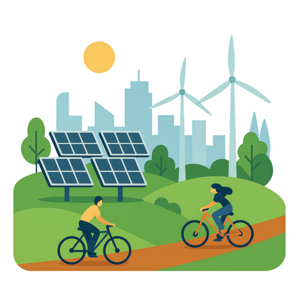 Clean Energy Urban Landscape with Bicycles and Wind Turbines png