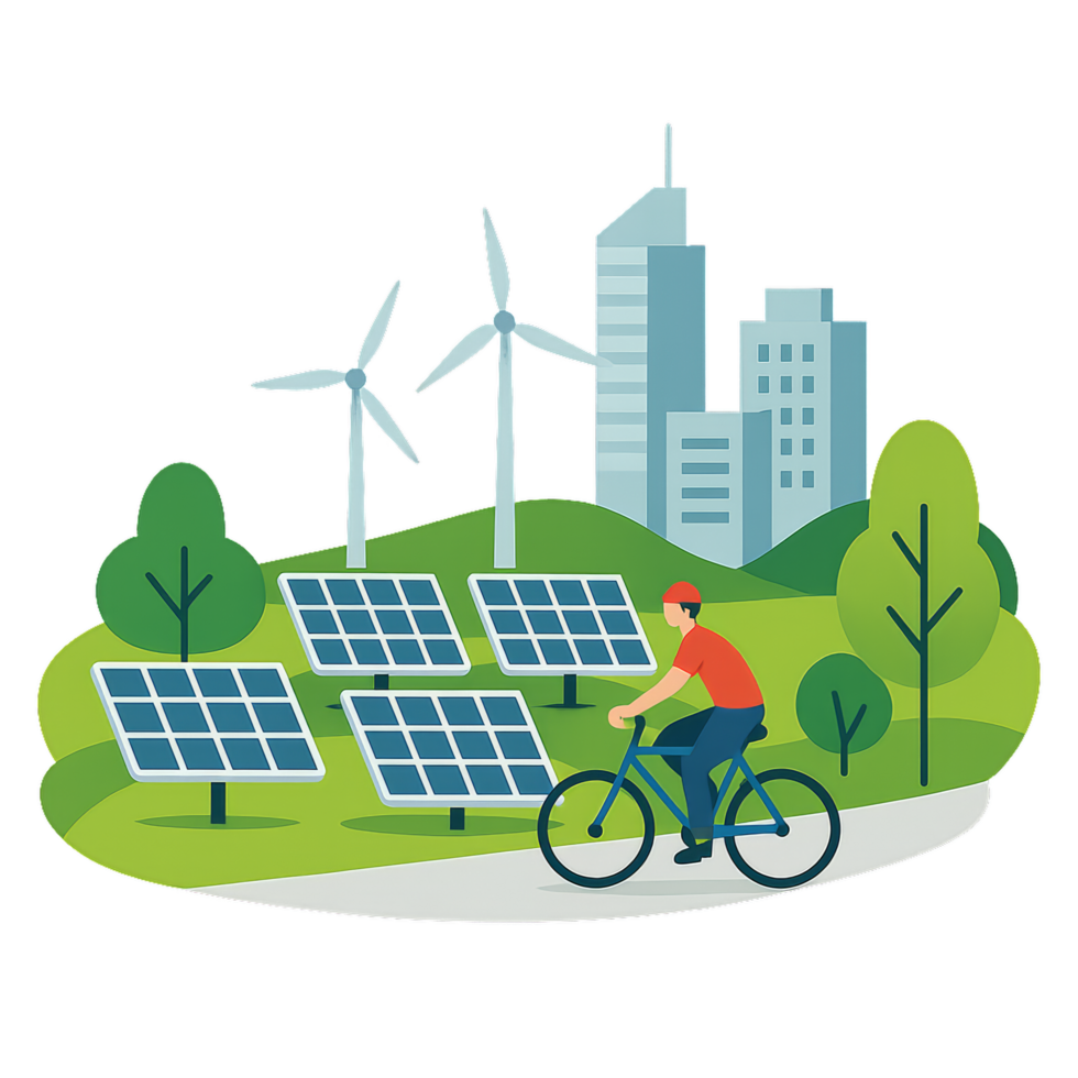 Urban Clean Energy Scene with Wind Turbines and Solar Panels png