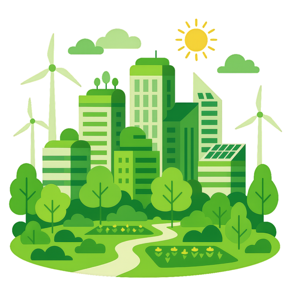 Green Smart Cityscape Illustration with Wind Turbines and Trees png