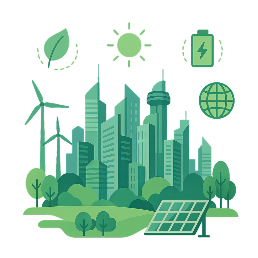 Futuristic Eco City Landscape Design with Green Technology Elements png