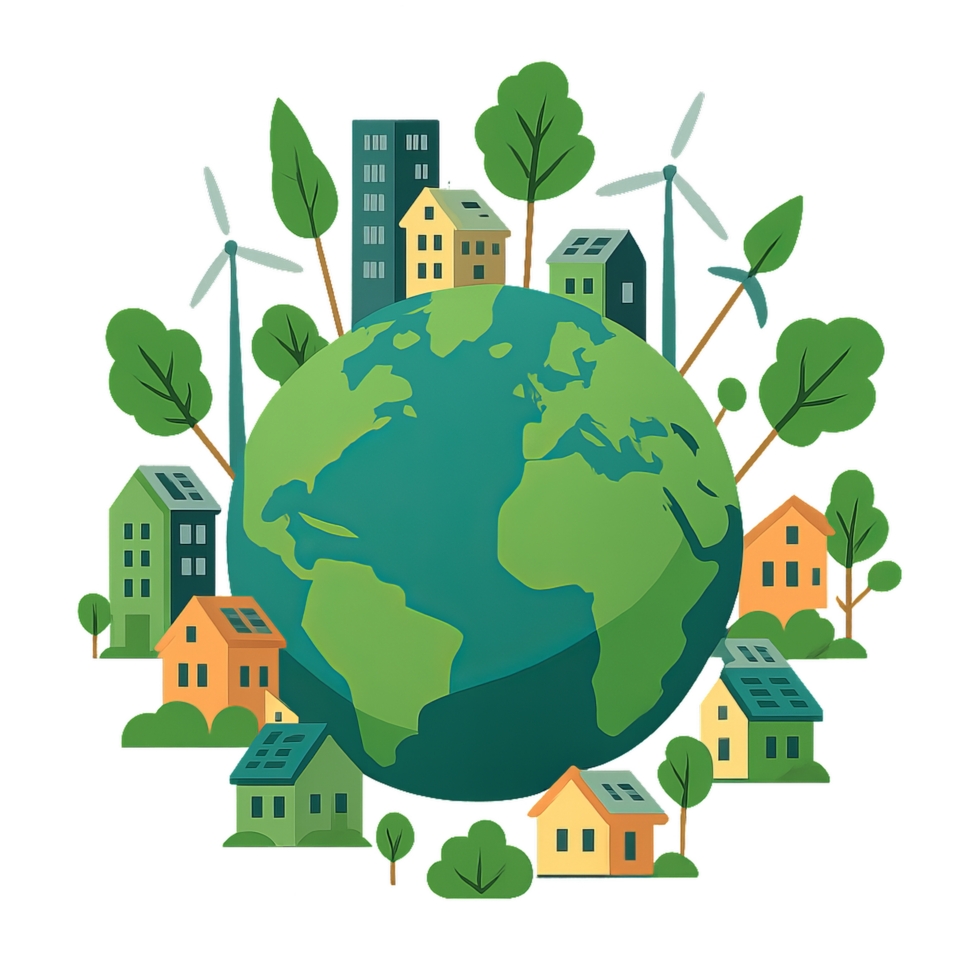 Eco-Friendly Globe Surrounded by Sustainable Homes and Nature Elements png