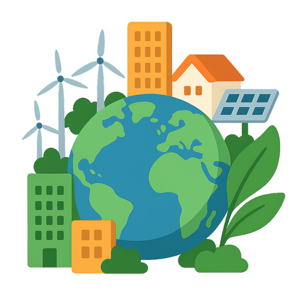 Clean Energy Cityscape Illustration with Wind Turbines and Nature png