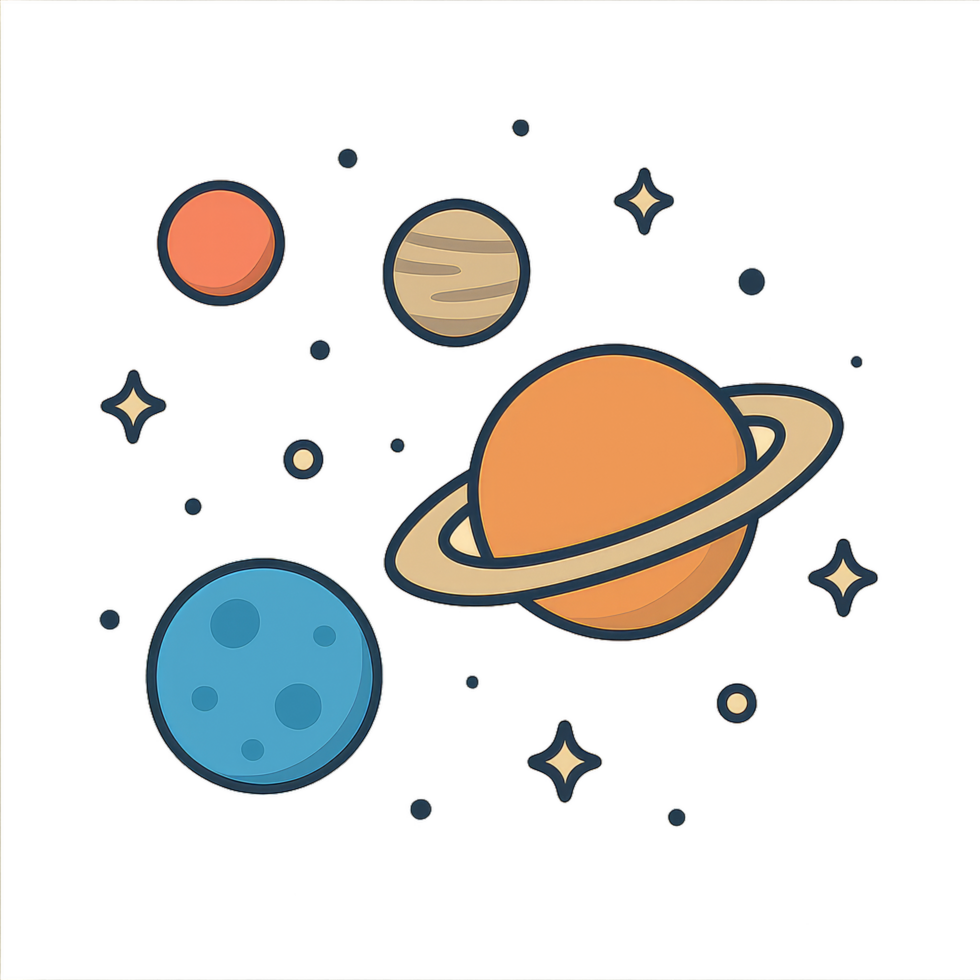 Minimalist Space Illustration with Planets and Stars in Simple Design png