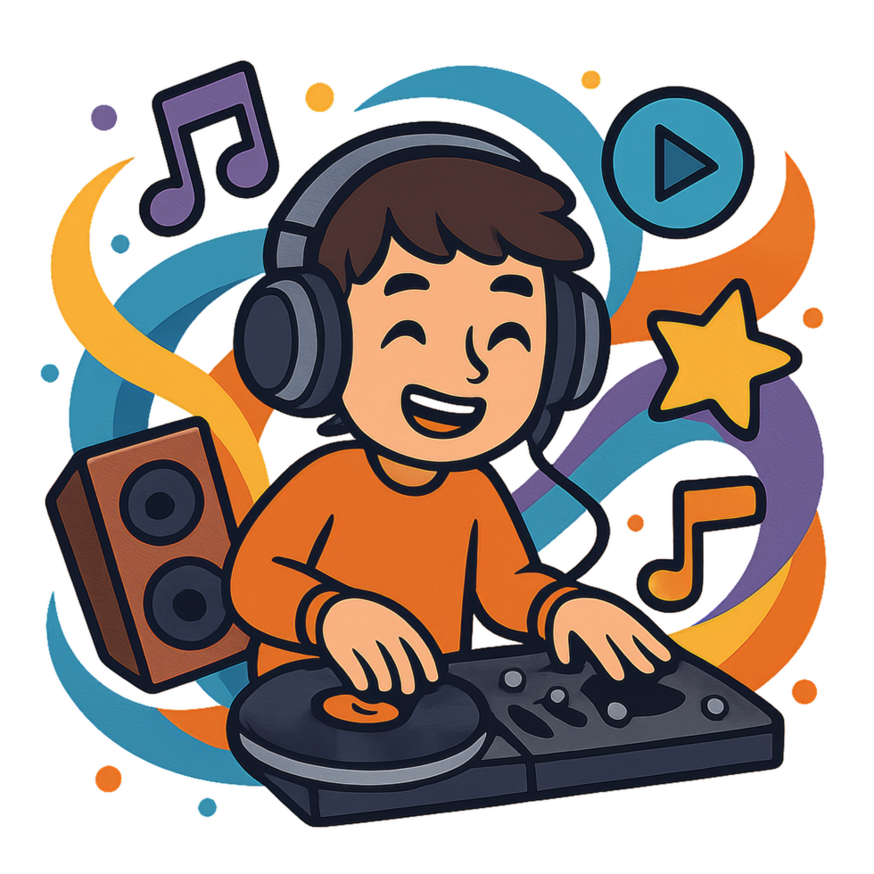Happy Cartoon DJ Mixing Music with Colorful Background Elements png