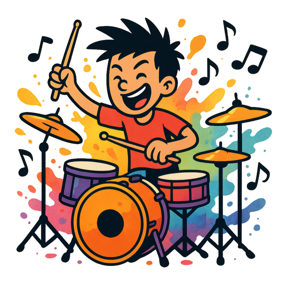 Happy Cartoon Drummer with Colorful Background and Music Notes png
