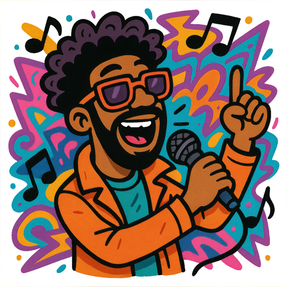 Funky Cartoon Singer with Microphone in Colorful Setting png
