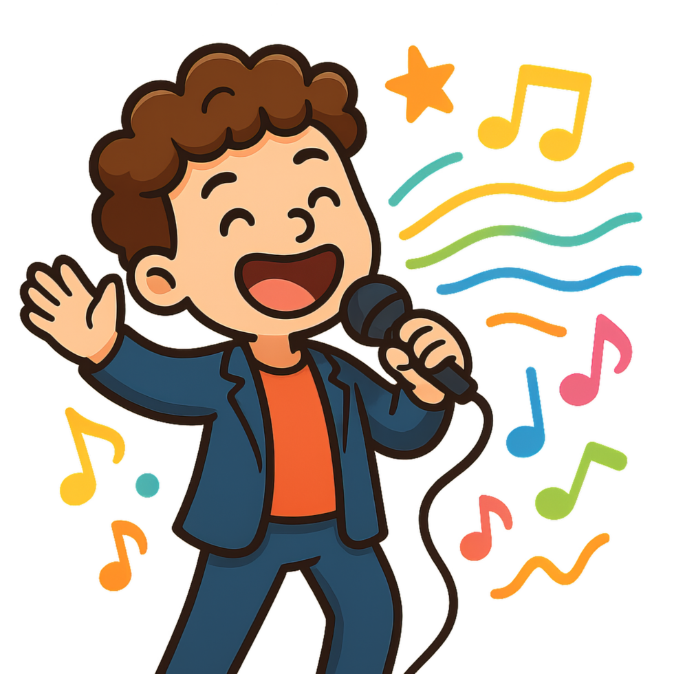 Joyful Vocalist Singing with Microphone and Colorful Music Notes png