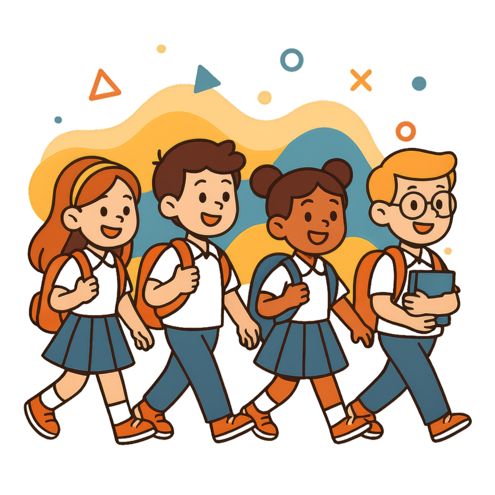Cartoon Students Walking Together with Backpacks in a Simple Design png