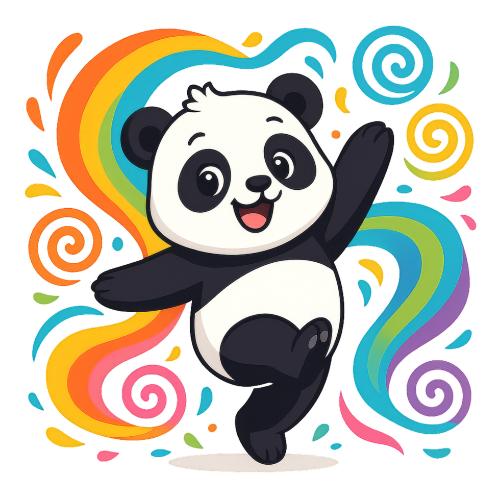 Joyful Panda Dancing in Celebration with Colorful Swirls png