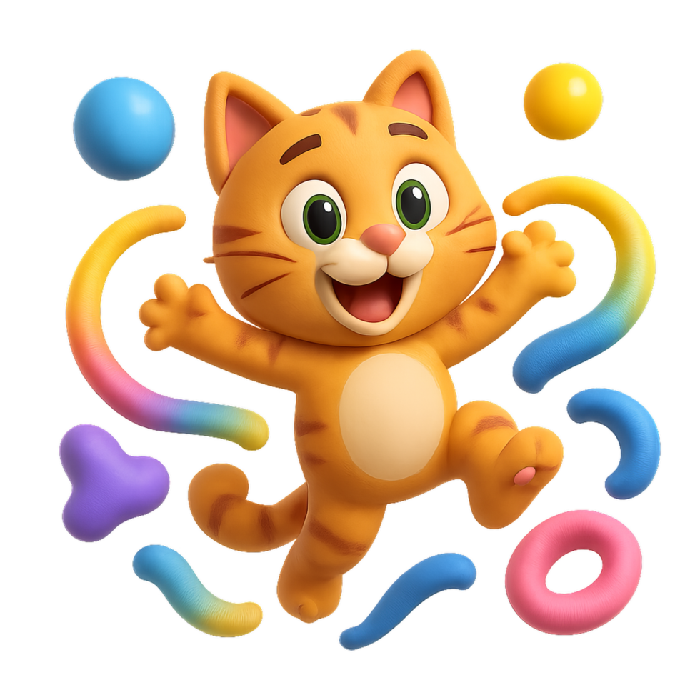 Happy Cartoon Cat Jumping with Colorful Shapes in a Playful Design png