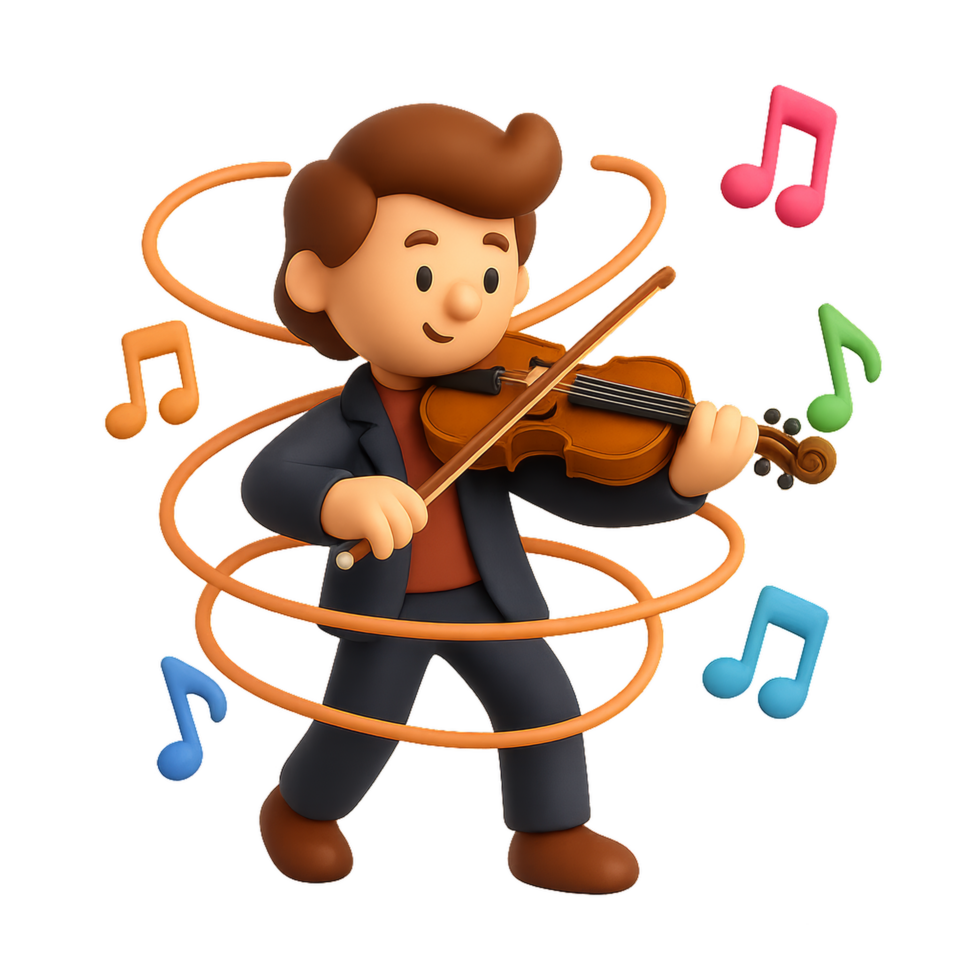 Animated Violinist in Whirlwind of Musical Notes and Energy png