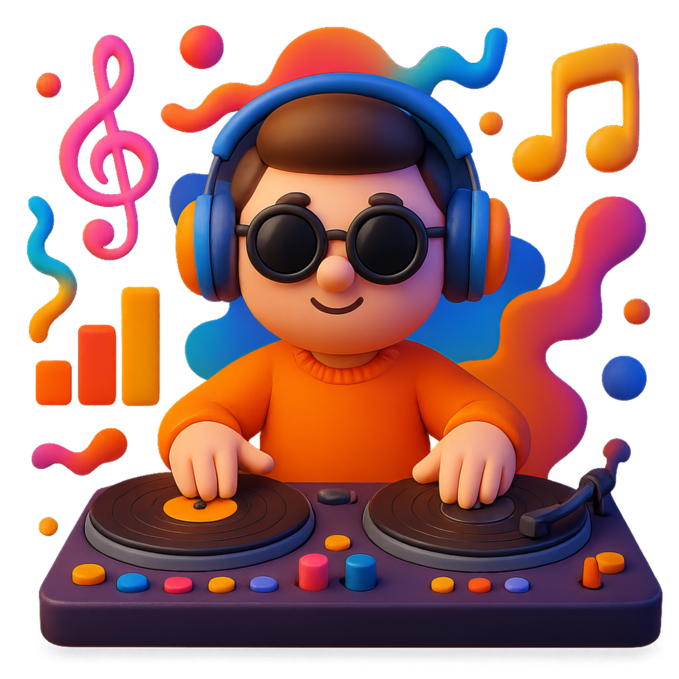 Cartoon DJ Mixing Music with Colorful Vibes and Sound Waves png