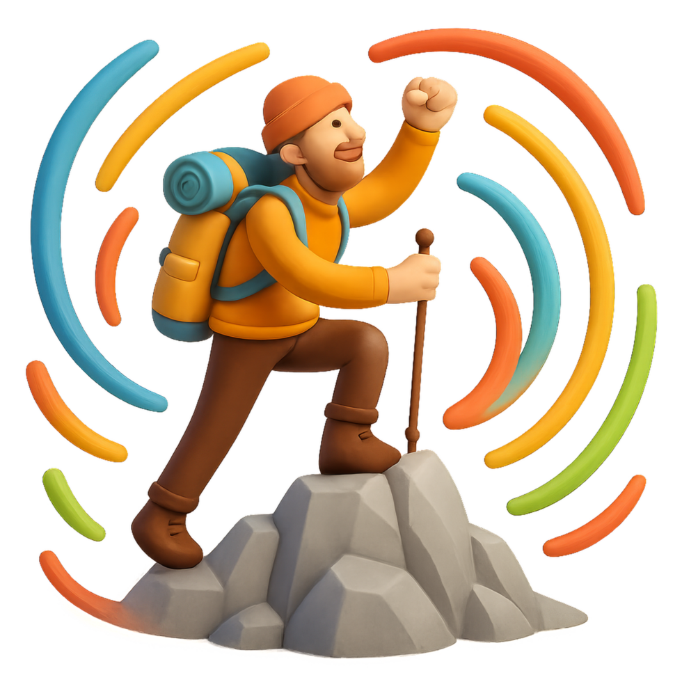 Vibrant Hiker Celebrating Successful Ascent on Colorful Peak png