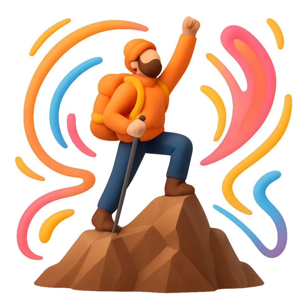 Hiker Celebrating Vibrant Ascent on Mountain with Energetic Background png