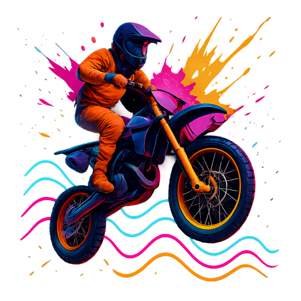 Neon Biker Performing Jump in Vibrant Graphic Design Artwork png