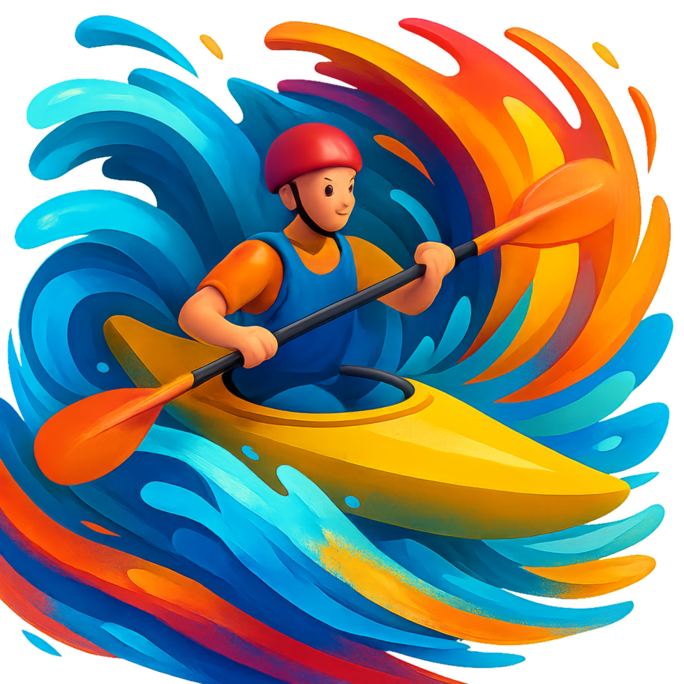 Kayaker Overcoming Thrilling Rapids with Bold Colors and Motion png
