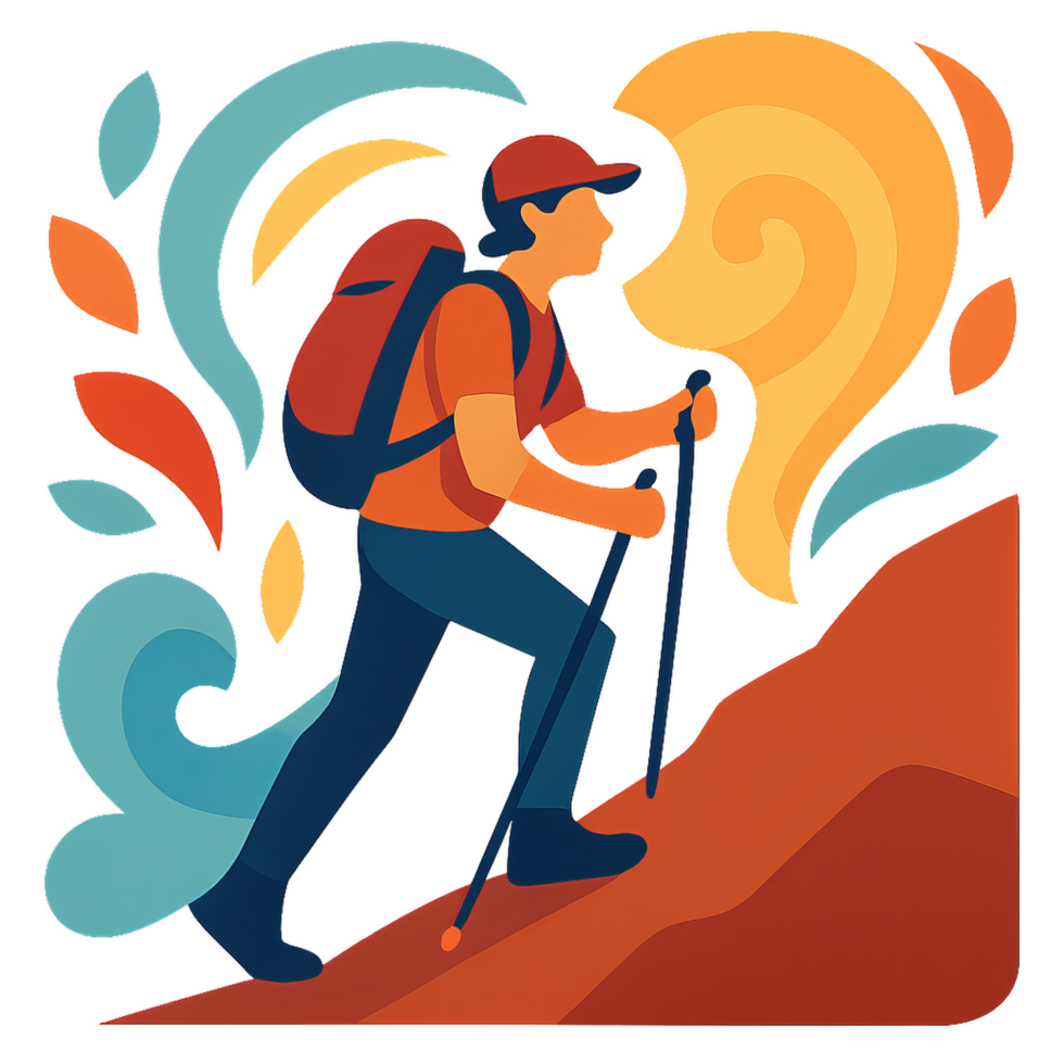 Colorful Hiking Adventure Illustration with Simple Design Elements png