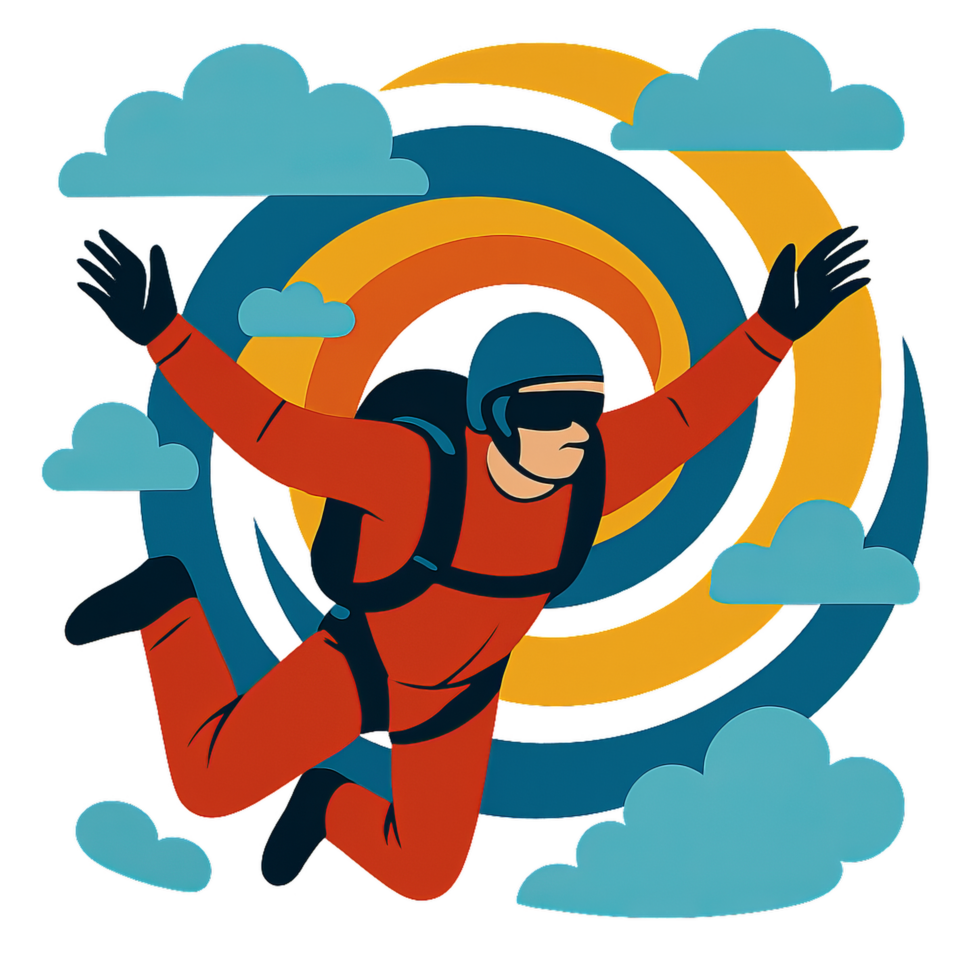 Vibrant Skydiver in Dynamic Descent Surrounded by Colorful Clouds png