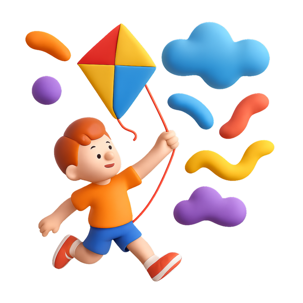Joyful Child Flying a Colorful Kite in a Playful Scene png