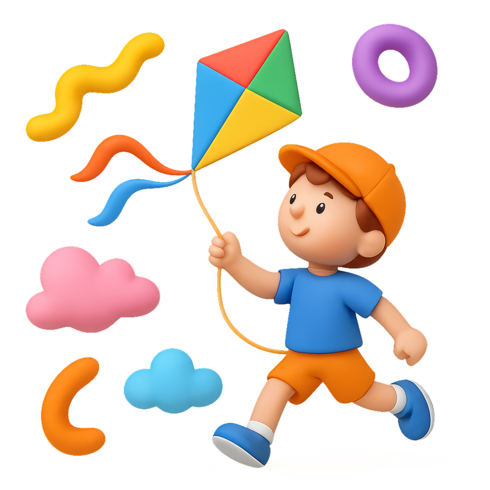 Happy Child Flying a Colorful Kite with Playful Shapes Around png