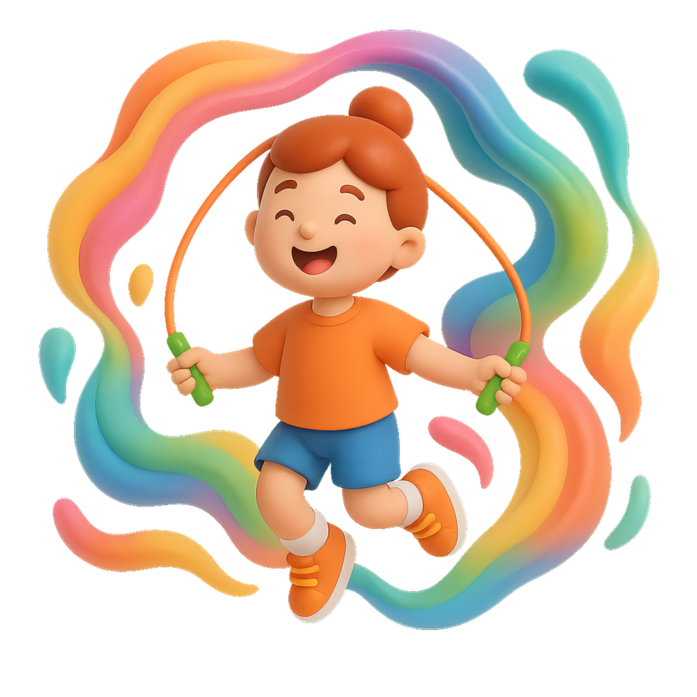 Joyful Child Jumping with a Skipping Rope Surrounded by Colorful Swirls png