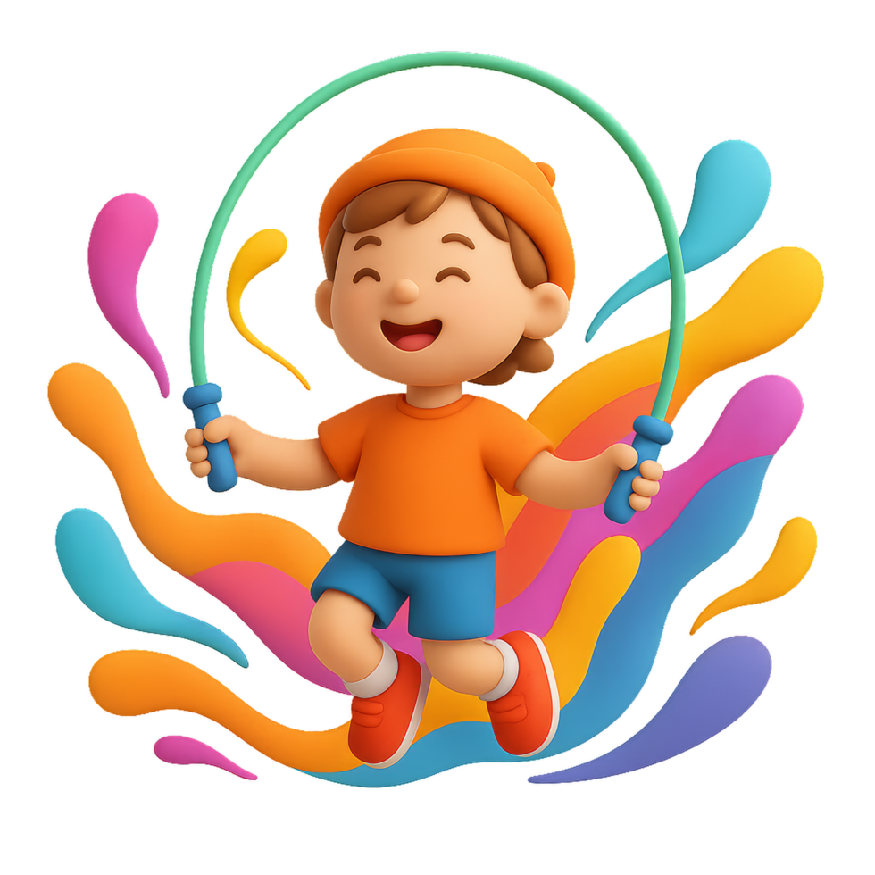 Joyful Child Jumping with Jump Rope and Colorful Splash Elements png
