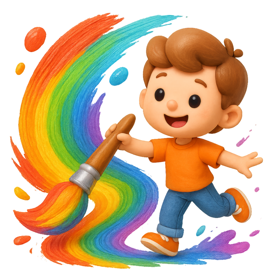 Happy Cartoon Kid Painting Rainbow with Brush in Colorful Art Scene png