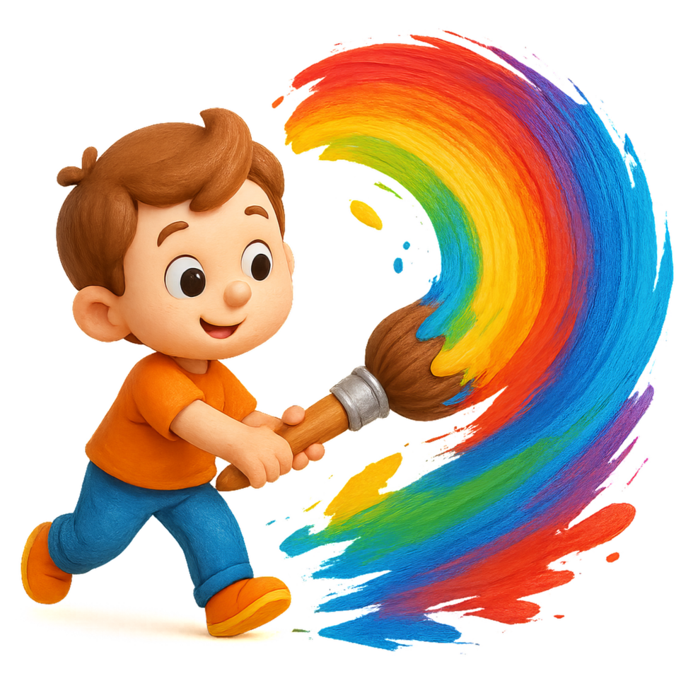 Happy Child Painting with Colorful Brush in a Cartoon Style png
