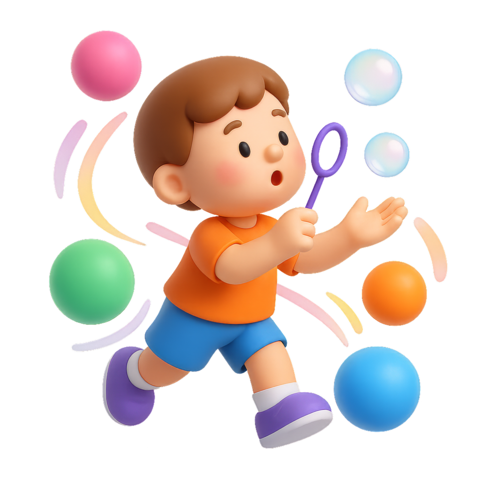 Kid Playing with Colorful Bubbles in a Playful Environment png
