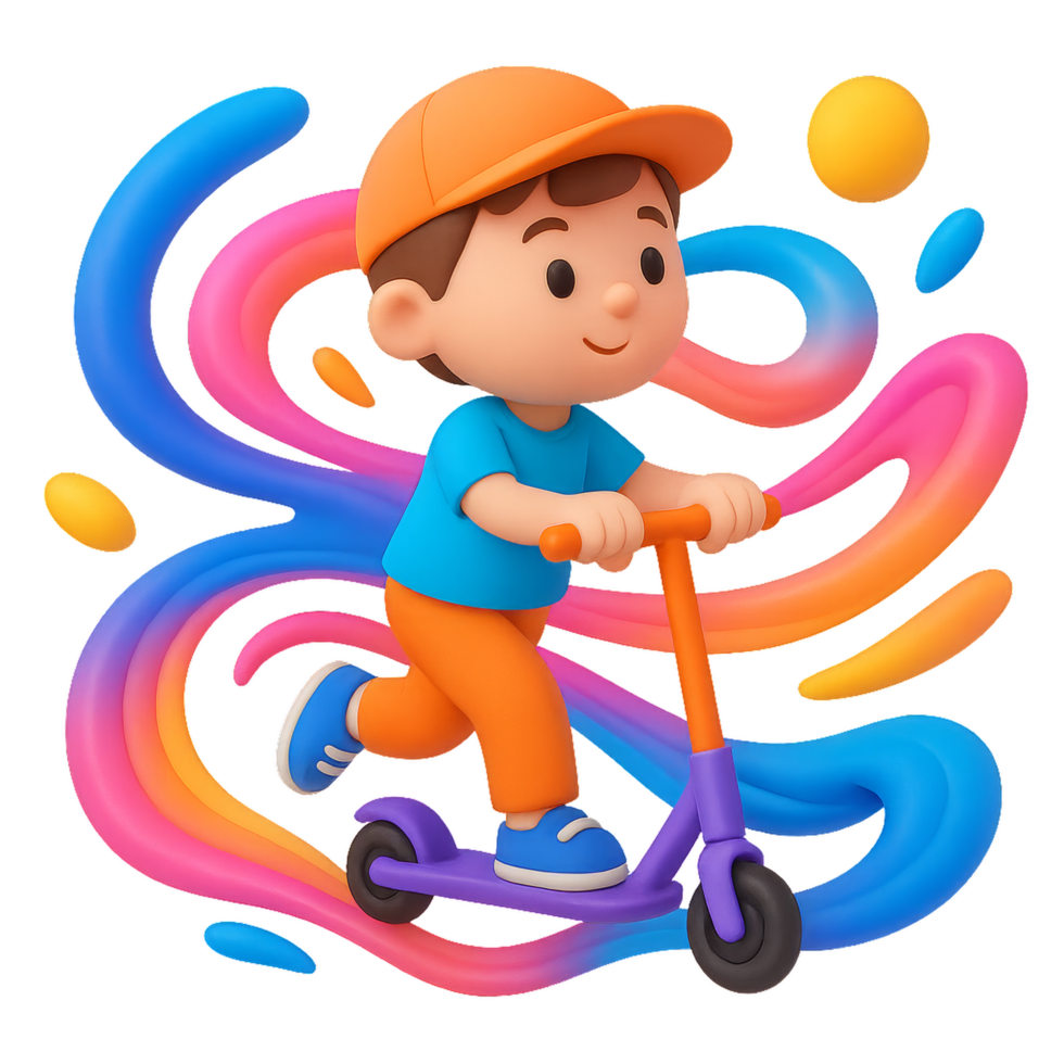 Colorful Abstract Illustration of Child Riding a Scooter with Swirls png