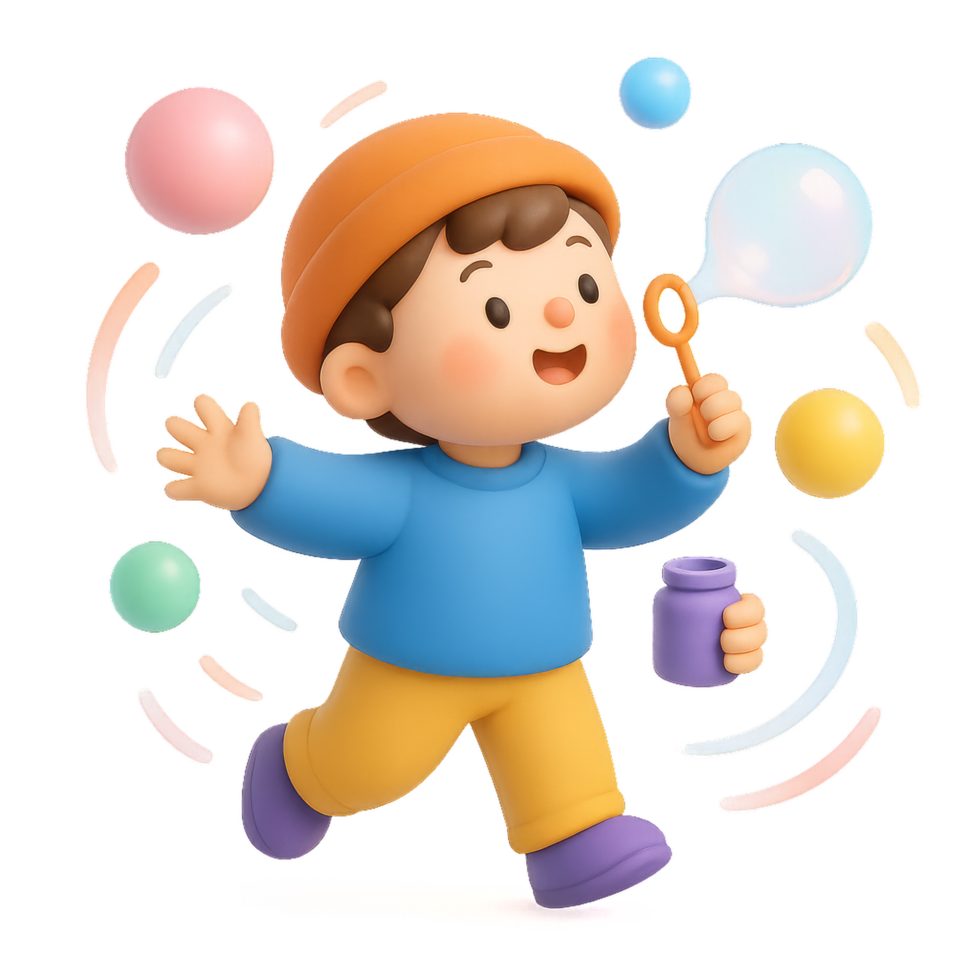 Happy Kid with Colorful Bubbles in a Playful Scene png