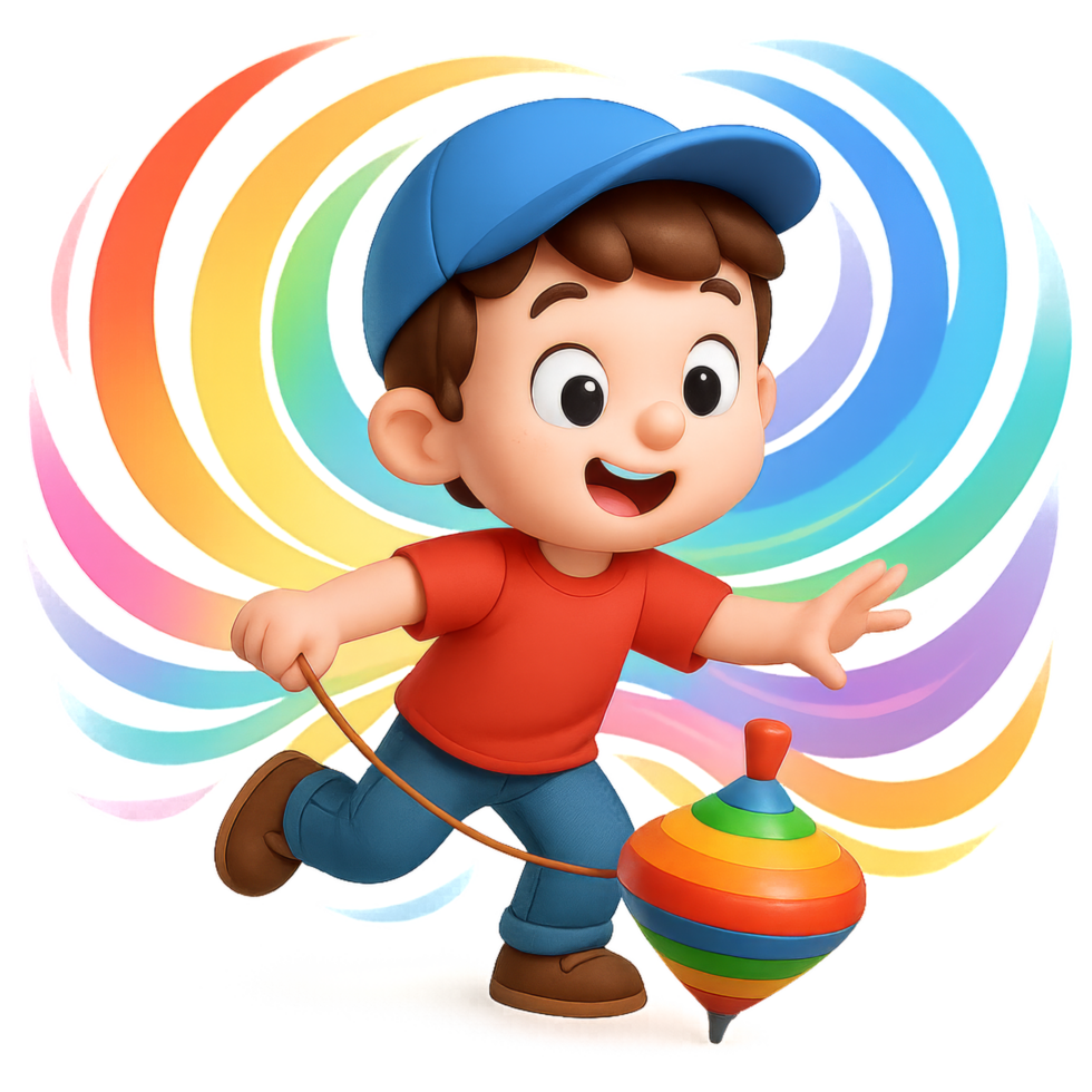 Happy Kid Playing with a Colorful Spinning Top in a Vibrant Background png