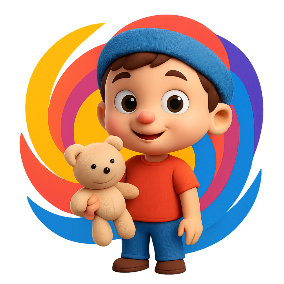 Cute Child with Teddy Bear in Colorful Swirling Background Graphics png