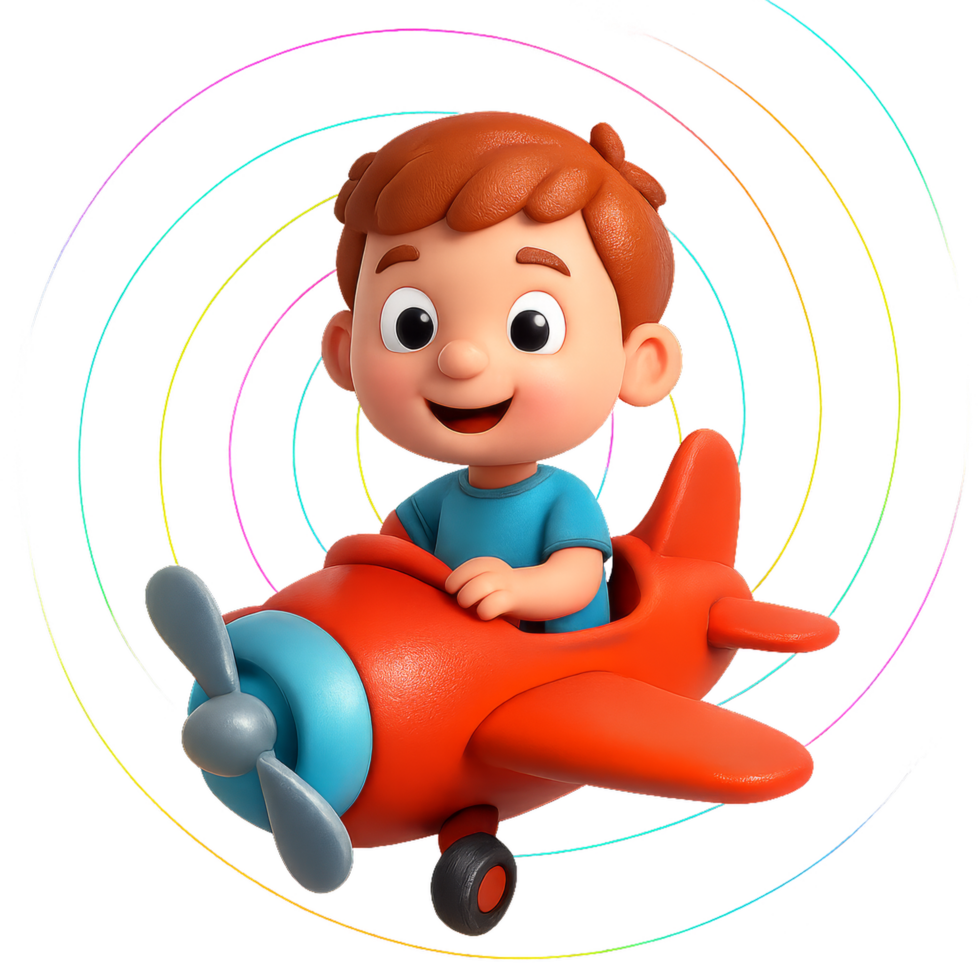 Joyful Child Flying Toy Airplane in Colorful Swirl Background png