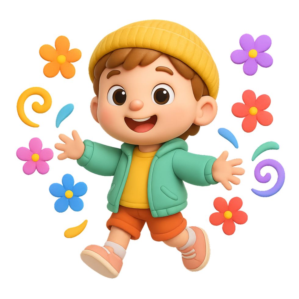 Joyful Child Celebrating Springtime with Colorful Flowers and Fun png