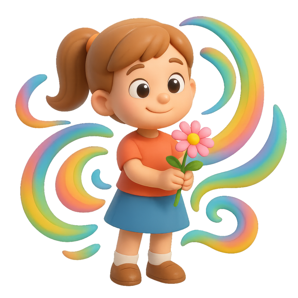 Colorful Cartoon Girl Holding Flower in Whimsical Background png
