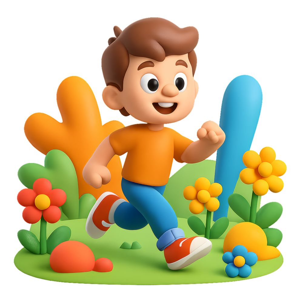 Joyful Cartoon Boy Running Through Colorful Spring Landscape png