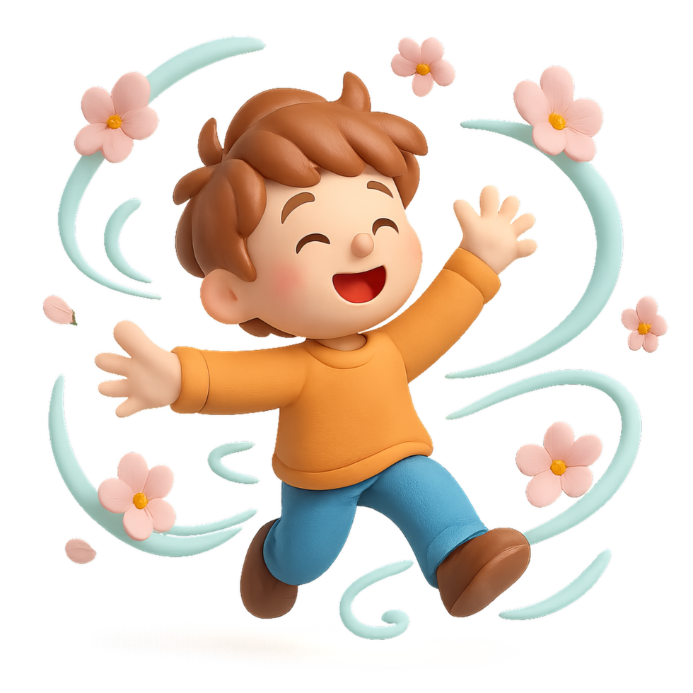 Joyful Child Dancing with Flowers and Wind in Springtime Fun png