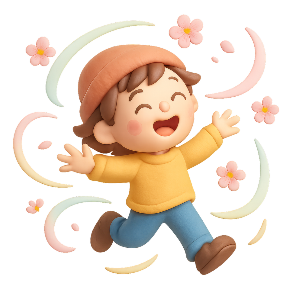 Playful Child Enjoys Springtime with Cheerful Wind and Blossoms png