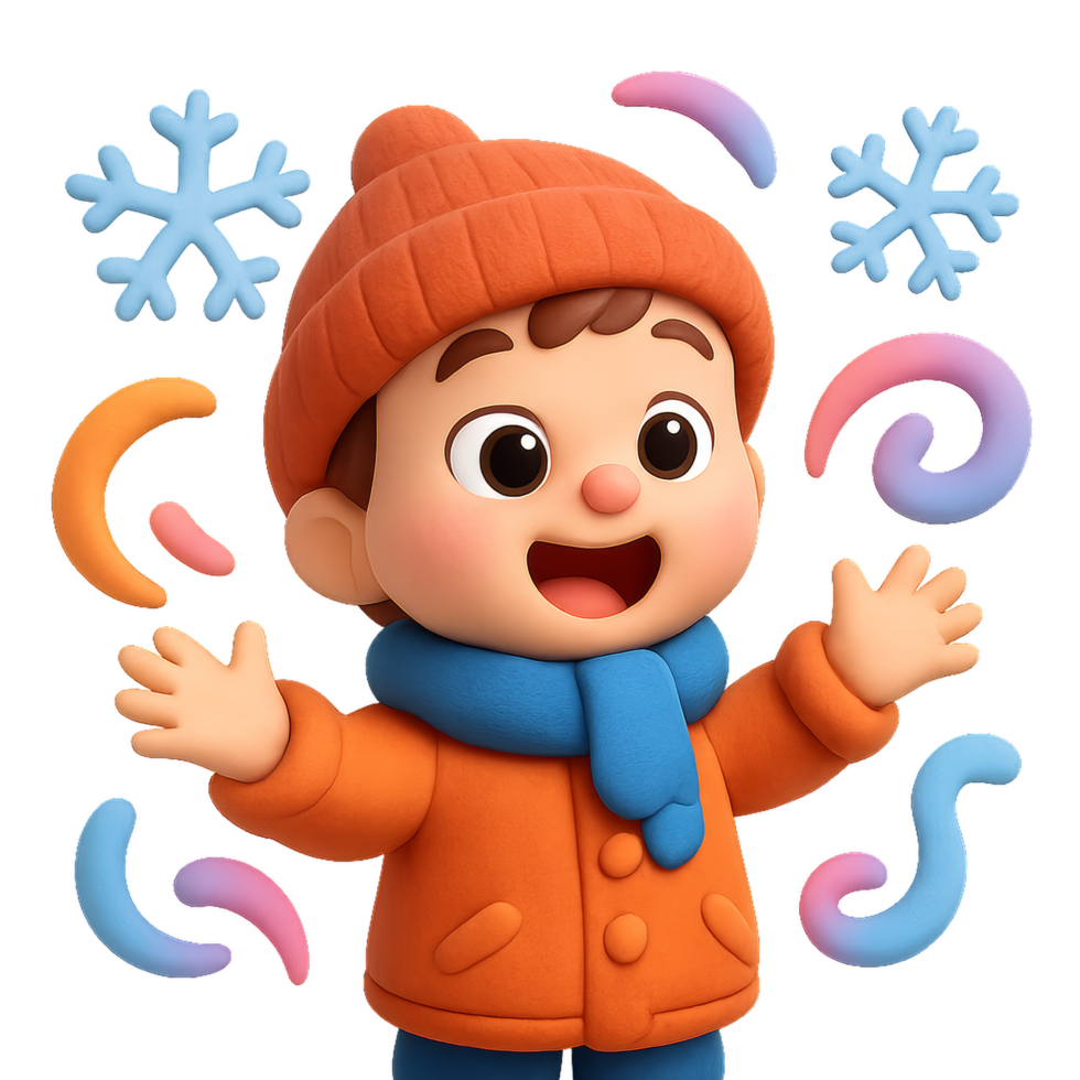 Playful Child in Winter Attire Surrounded by Snow and Colorful Swirls png