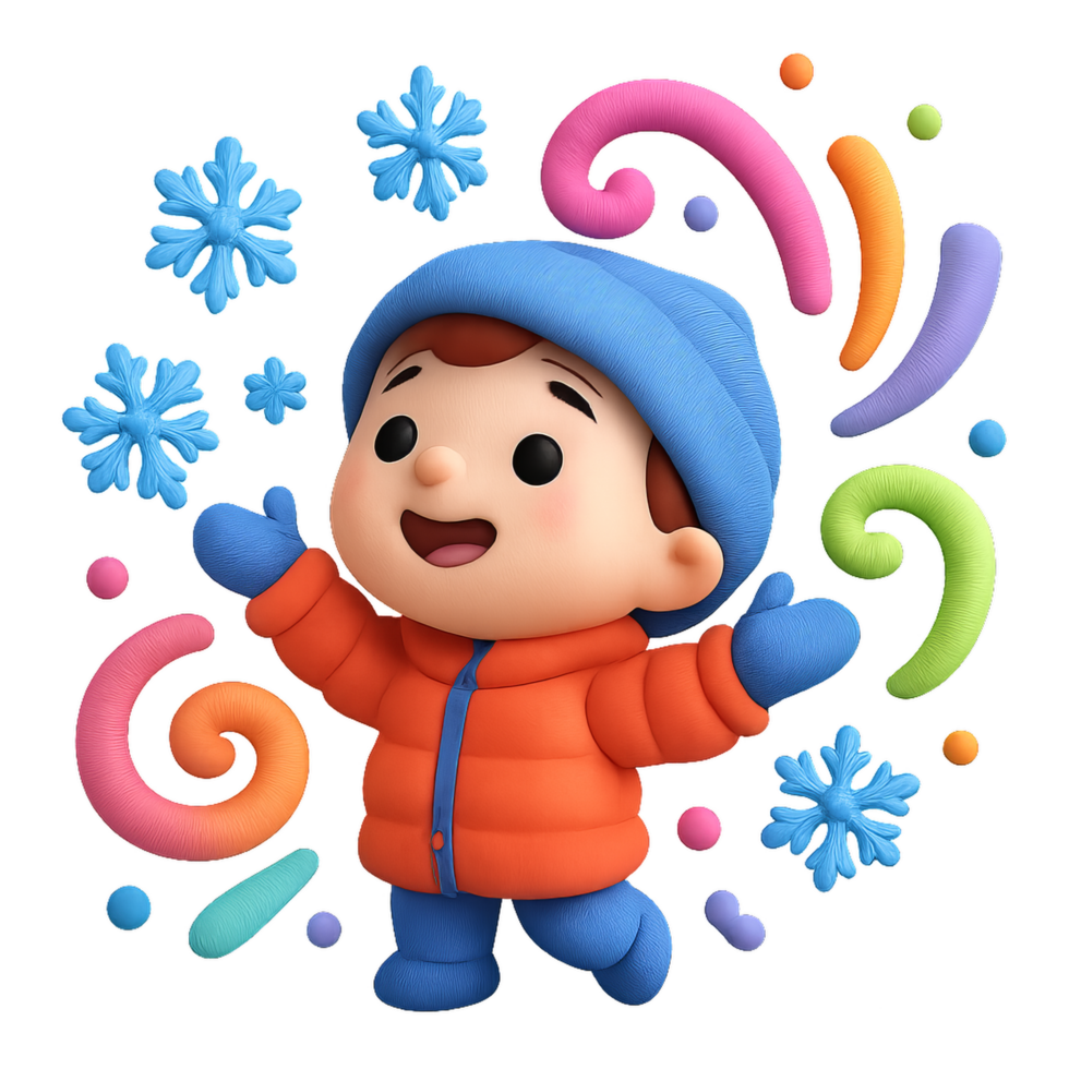 Playful Child in Snowy Scene with Colorful Swirls and Snowflakes png