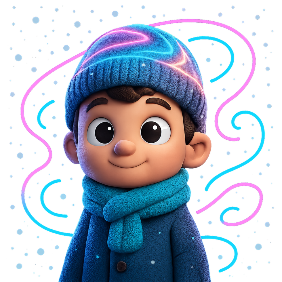Charming Cartoon Character in a Snowy Neon Wonderland Setting png